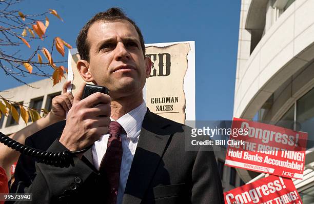 Robert Weissman, president of Public Citizen, speaks during a rally in front of Goldman Sachs' offices at 101 Constitution Ave. NW in Washington on...