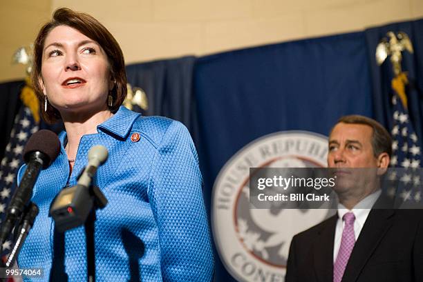 From left, newly elected House Republican Conference Vice Chair Cathy McMorris Rogers, R-Wash., and House Majority Leader John Boehner, R-Ohio, speak...