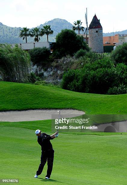 Jamie McLeary of Scotland plays his approach shot on the 15th hole during the third round of the Open Cala Millor Mallorca at Pula golf club on May...