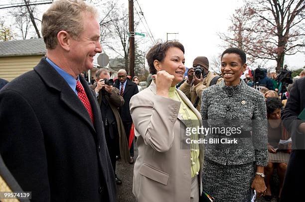 From left, Rep. Chris Van Hollen, D-Md., EPA Administrator Lisa Jackson, and Rep. Donna Edwards, D-Md., talk before the start of the groundbreaking...