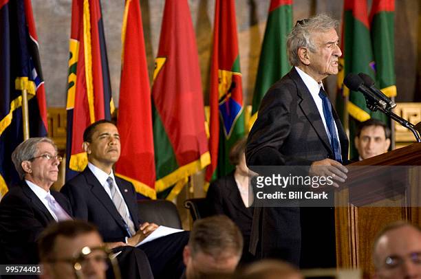 From left, Fred Zeidman, chairman United States Holocaust Memorial Council, and President Barack Obama listen as Elie Wiesel speaks during the Days...