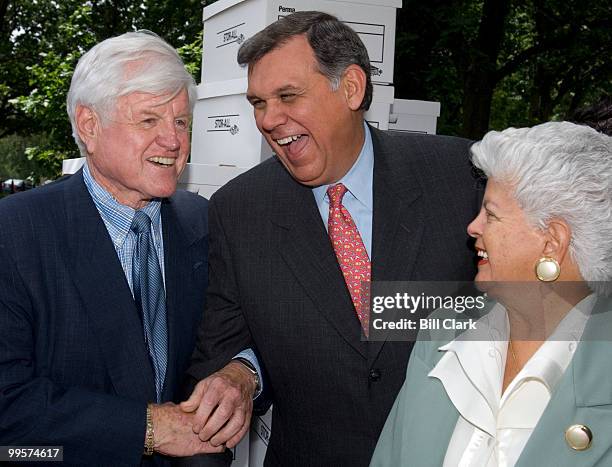 From left, Sen. Edward Kennedy, D-Mass., Sen. Mel Martinez, R-Fla., and Rep. Grace Napolitano, D-Calif., participate in the immigration news...