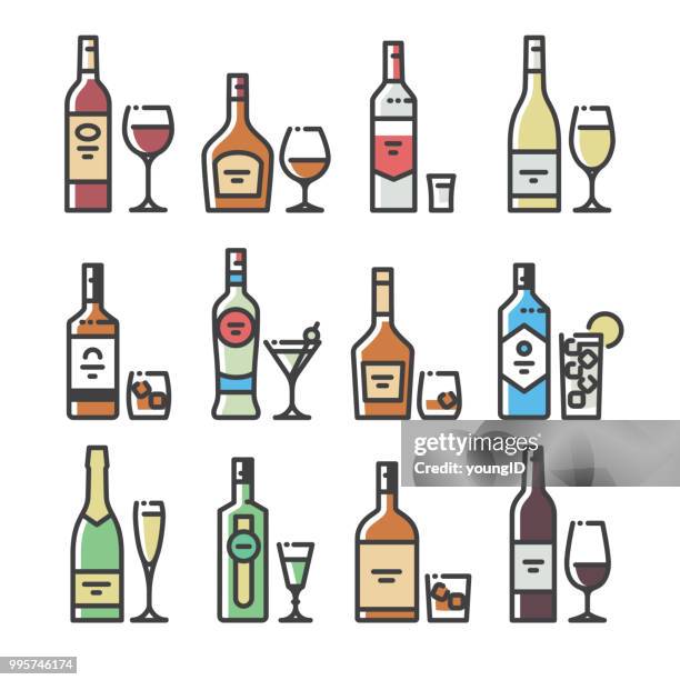 ilustraciones, imágenes clip art, dibujos animados e iconos de stock de botellas de alcohol y vasos - línea de los iconos del arte - shot glass