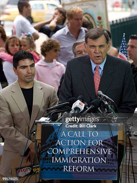 Sen. Mel Martinez, R-Fla., speaks during the immigration news conference on Capitol Hill with Univision radio personality Eddie "Piolin" Sotelo,...