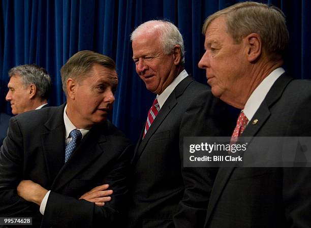 From left, Sen. Jon Kyl, R-Ariz., Sen. Lindsey Graham, R-S.C., Sen. Saxby Chambliss, R-Ga., and Sen. Johnny Isakson, R-Ga., participate in the news...