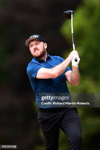 Paul Woodcock of Manchester Golf Club tees off during the Lombard Trophy North of England Qualifier at Sandiway Golf Club on July 10, 2018 in...