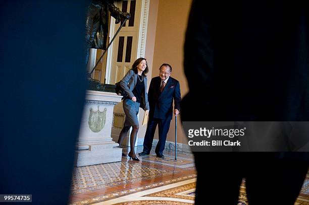 From left, Sen. Maria Cantwell, D-Wash., and Sen. Daniel Inouye, D-Hawaii, talk as they leave the Senate Democratic Policy lunch on Tuesday, Oct. 27,...