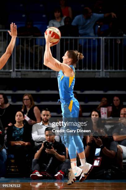 Allie Quigley of the Chicago Sky shoots the ball during the game against the Las Vegas Aces on July 10, 2018 at the Wintrust Arena in Chicago,...