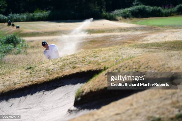 Amateur Anthony Nicholls of Prestwich Golf Club hits from a bunker during the Lombard Trophy North of England Qualifier at Sandiway Golf Club on July...