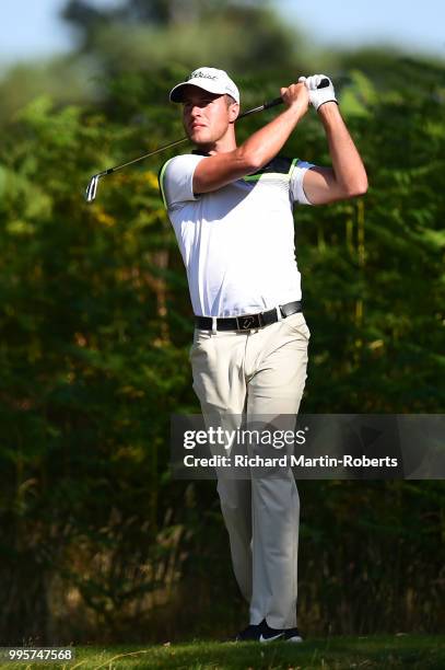 Oliver Cross of the KP Club tees off during the Lombard Trophy North of England Qualifier at Sandiway Golf Club on July 10, 2018 in Northwich,...