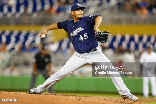 Jhoulys Chacin of the Milwaukee Brewers delivers a pitch in the first inning against the Miami Marlins at Marlins Park on July 10, 2018 in Miami,...