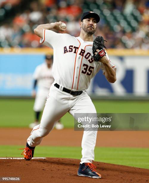 Justin Verlander of the Houston Astros pitches in the first inning against the Oakland Athletics at Minute Maid Park on July 10, 2018 in Houston,...