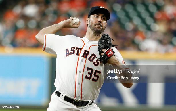 Justin Verlander of the Houston Astros pitches in the first inning against the Oakland Athletics at Minute Maid Park on July 10, 2018 in Houston,...