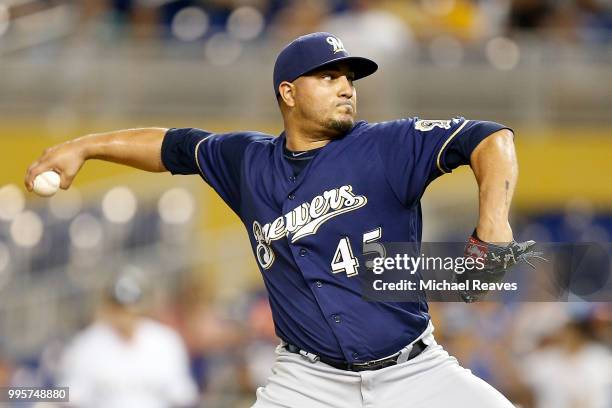 Jhoulys Chacin of the Milwaukee Brewers delivers a pitch in the second inning against the Miami Marlins at Marlins Park on July 10, 2018 in Miami,...