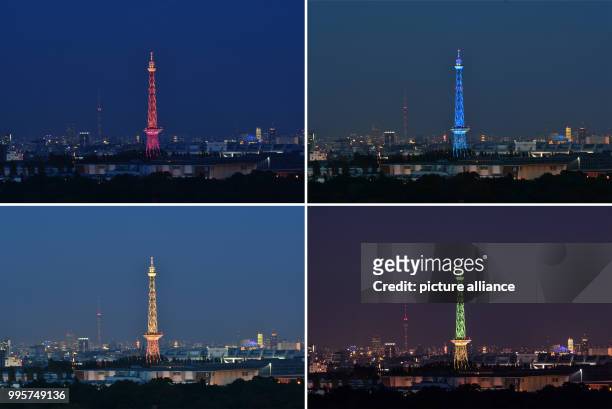 Dpatop - COMBO - A composite picture shows the radio tower illuminated as part of the "Berlin leuchtet" Festival of Lights in Berlin, Germany, 30...