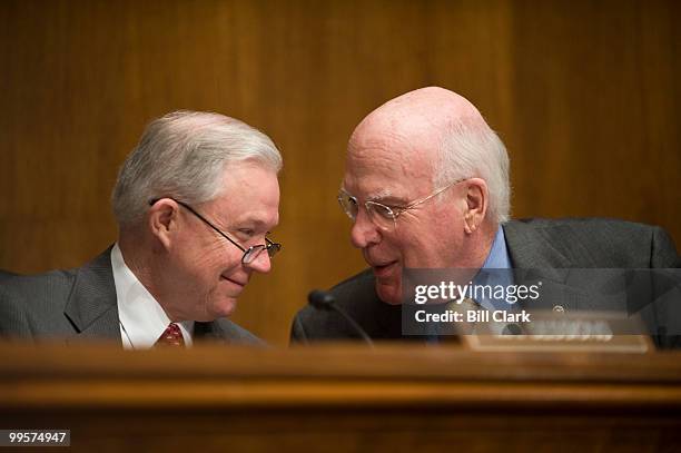 Sen. Jeff Sessions, R-Ala., left, and chairman Patrick Leahy, D-Vt., participate in the Senate Judiciary Committee hearing on the Violence Against...