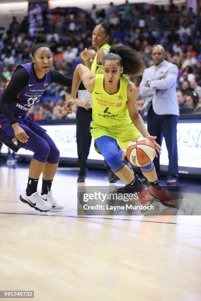 Skylar Diggins-Smith of the Dallas Wings handles the ball against the Phoenix Mercury on July 10, 2018 at the College Park Center in Arlington,...