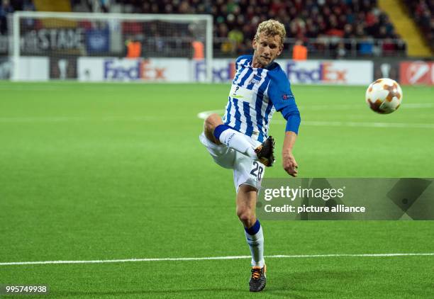 Hertha's Fabian Lustenberger in action during the Europa League soccer match between Oestersunds FK vs Hertha BSC in the Jaemtkraft stadium in...