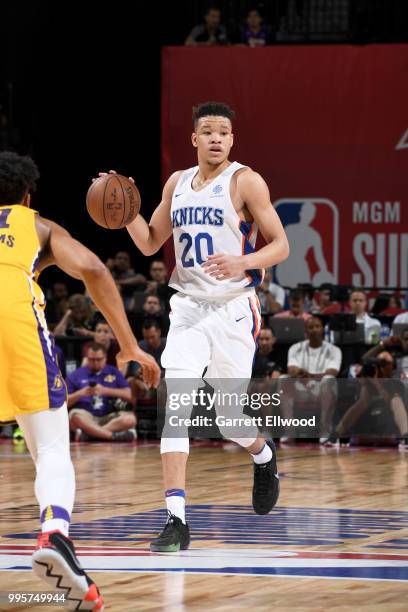 Kevin Knox of the New York Knicks handles the ball against the Los Angeles Lakers during the 2018 Las Vegas Summer League on July 10, 2018 at the...