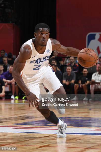 Damyean Dotson of the New York Knicks handles the ball against the Los Angeles Lakers during the 2018 Las Vegas Summer League on July 10, 2018 at the...