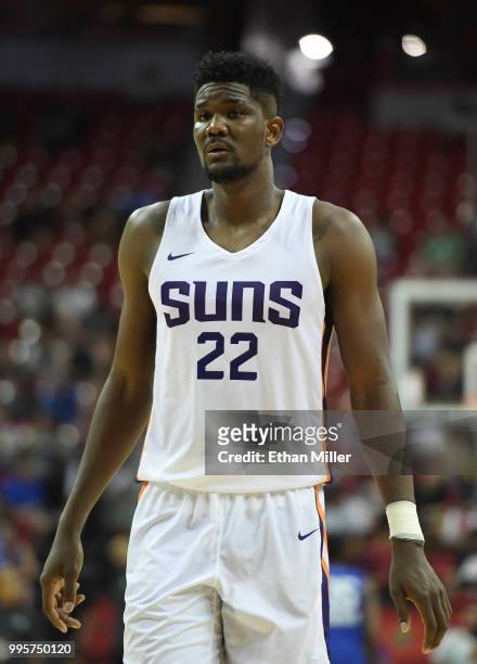 Deandre Ayton of the Phoenix Suns walks on the court during a 2018 NBA Summer League game against the Orlando Magic at the Thomas & Mack Center on...
