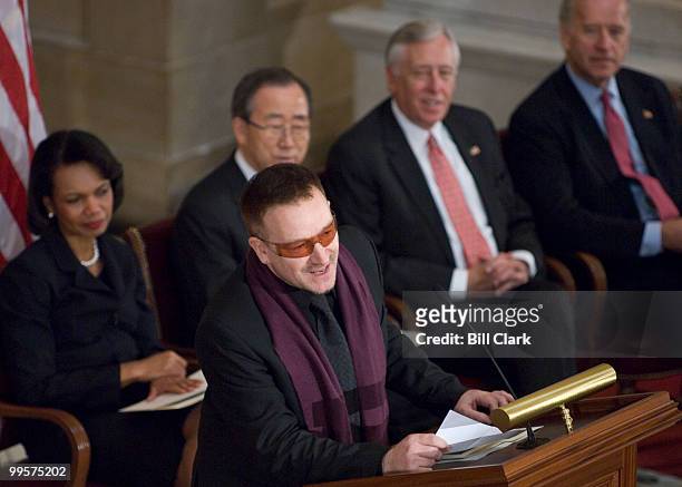 Bono of U2 sings "All You Need Is Love" during the memorial service for Rep. Tom Lantos, D-Calif., in Statuary Hall in the U.S. Capitol building on...