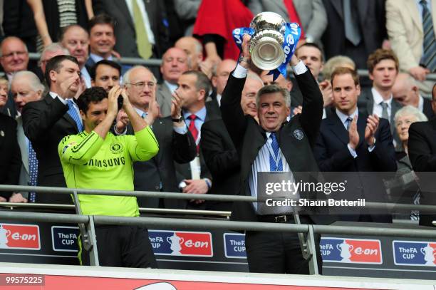 Chelsea Manager Carlo Ancelotti celebrates winning the FA Cup sponsored by E.ON Final match between Chelsea and Portsmouth at Wembley Stadium on May...