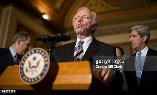 Sen. Joe Lieberman speaks to the media following a meeting with senators and business leaders on climate change issues on Thursday, Dec. 3, 2009.