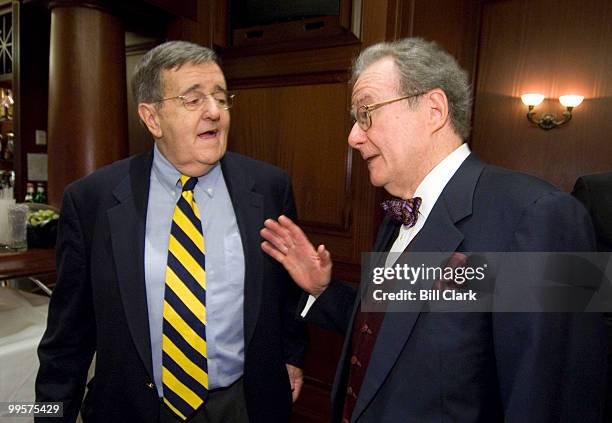 Political pundit Mark Shields, left, jokes around with politcal comedian Mark Russell during the dedication of the "Mark Russell Marquee Lounge" at...