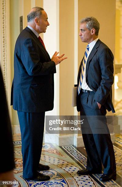 Sen. Chuck Schumer, D-N.Y., left, and White House Chief of Staff Rahm Emanuel, stop to talk outside of Senate Majority Leader Harry Reid's office on...