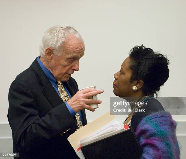 Committe chairman Tom Lantos, D-Calif., speaks with Rep. Sheila Jackson Lee, D-Texas, before the start of the House Foreign Affairs Committee hearing...