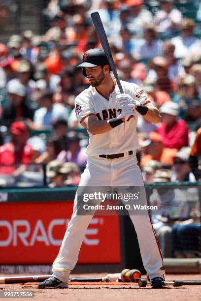 Steven Duggar of the San Francisco Giants stands in the on deck circle before his first Major League at bat during the first inning against the St....