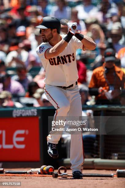 Steven Duggar of the San Francisco Giants stands in the on deck circle before his first Major League at bat during the first inning against the St....