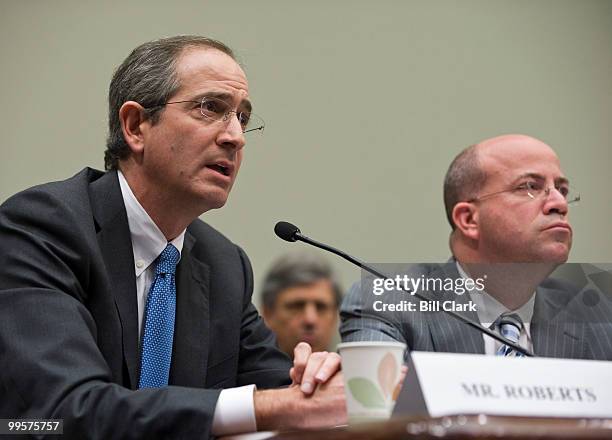 From left, Brian Roberts, chairman and CEO of the Comcast Corporation, and Jeff Zucker, president and CEO of NBC Universal, testify during the House...