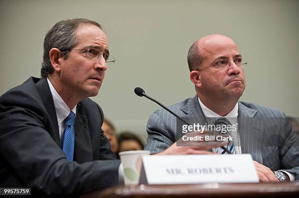 From left, Brian Roberts, chairman and CEO of the Comcast Corporation, and Jeff Zucker, president and CEO of NBC Universal, testify during the House...