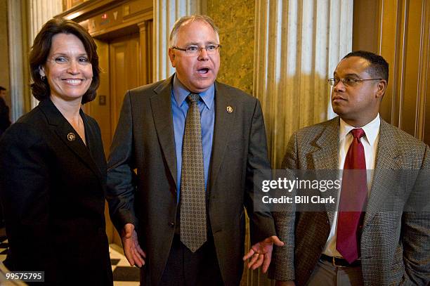 Minnesota House Democrats, from left, Rep. Betty McCollum, Rep. Timothy Walz, and Rep. Keith Ellison, wait for an elevator as they leave the Senate...