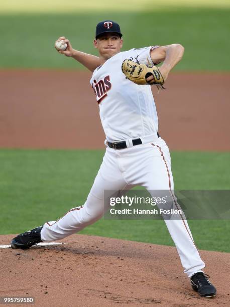 Aaron Slegers of the Minnesota Twins delivers a pitch against the Kansas City Royals during the first inning of the game on July 10, 2018 at Target...