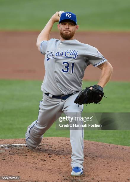 Ian Kennedy of the Kansas City Royals delivers a pitch against the Minnesota Twins during the first inning of the game on July 10, 2018 at Target...