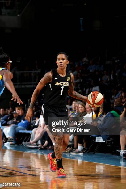 Tamera Young of the Las Vegas Aces handles the ball during the game against the Chicago Sky on July 10, 2018 at the Wintrust Arena in Chicago,...