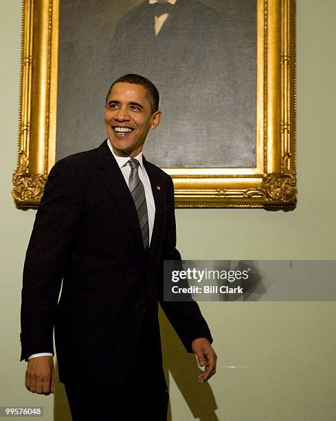 President Barack Obama arrives for a lunch meeting to dicuss the budget with Senate Democrats in the U.S. Capitol on Wednesday, March 25, 2009.