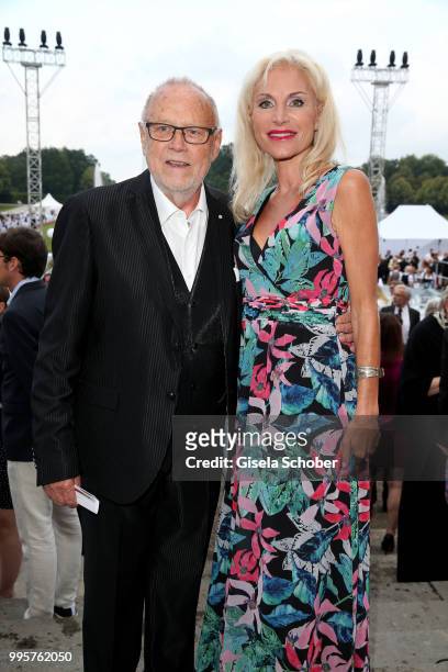 Joseph Vilsmaier and his girlfriend Birgit Muth during the Summer Reception of the Bavarian State Parliament at Schleissheim Palace on July 10, 2018...