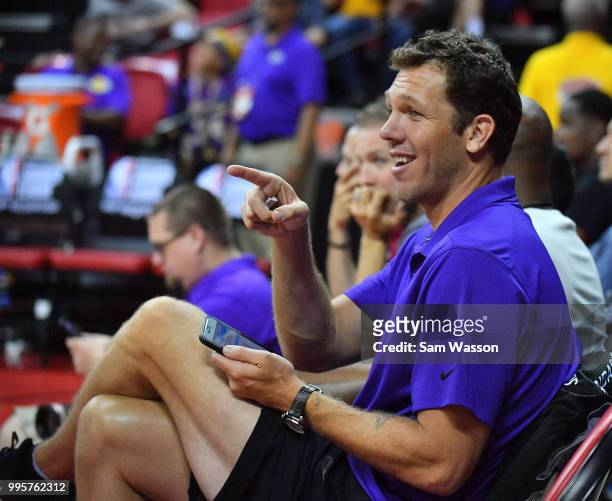 Head coach Luke Walton of the Los Angeles Lakers looks on during his team's game against the New York Knicks during the 2018 NBA Summer League at the...
