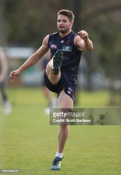 Jesse Hogan of the Demons kicks the ball during a Melbourne Demons AFL training session at Gosch's Paddock on July 11, 2018 in Melbourne, Australia.