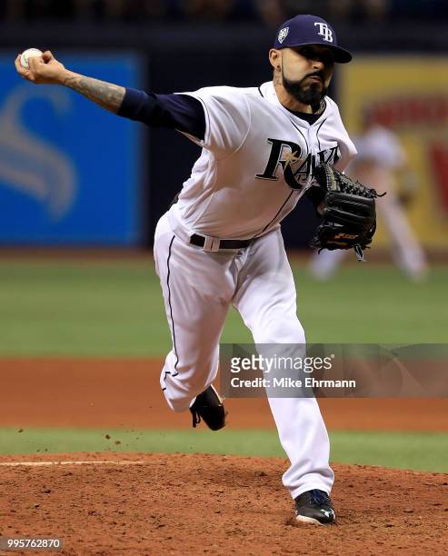 Sergio Romo of the Tampa Bay Rays pitches during a game against the Detroit Tigers at Tropicana Field on July 10, 2018 in St Petersburg, Florida.