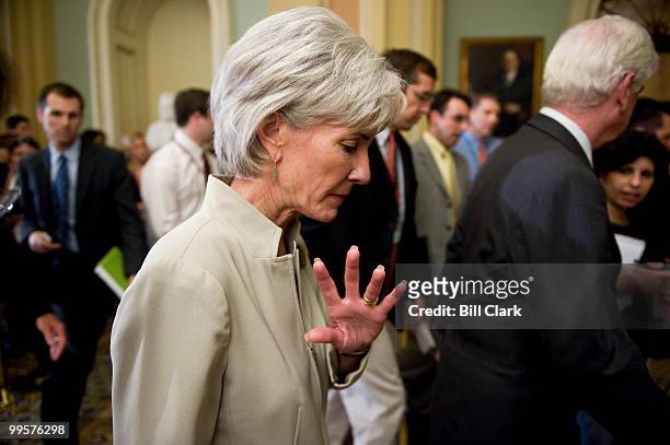 Sen. Chris Dodd, D-Conn., and HHS Secretary Kathleen Sebelius walk away from the microphones after holding a news conference on healthcare reform in...