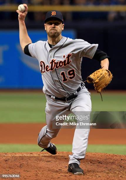 Louis Coleman of the Detroit Tigers pitches during a game against the Tampa Bay Rays at Tropicana Field on July 10, 2018 in St Petersburg, Florida.