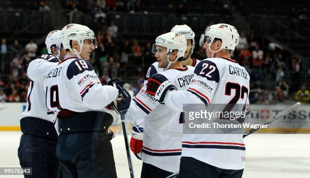 Chris Kreider of United States celebrates after scoring the 10:0 during the IIHF World Championship final round match between USA and Kazakhstan at...