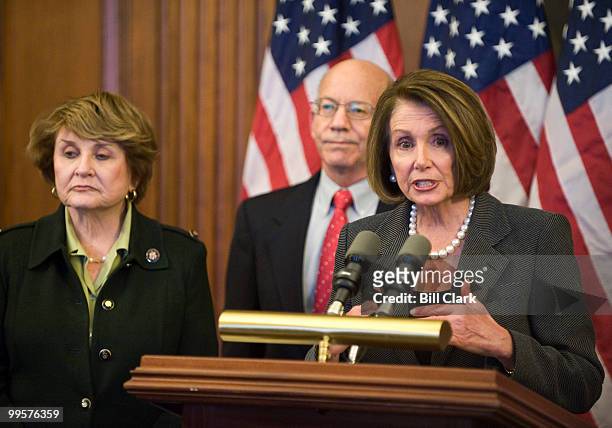 Speaker of the House Nancy Pelosi, D-Calif., speaks during her news conference to discuss the Health Insurance Industry Fair Competition Act on...
