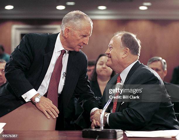 Ross Perot, CEO and Chairman of Perot Systems Corporation, greets Sen. Max Cleland, D-GA., after the Senator introduced Perot to the Senate...