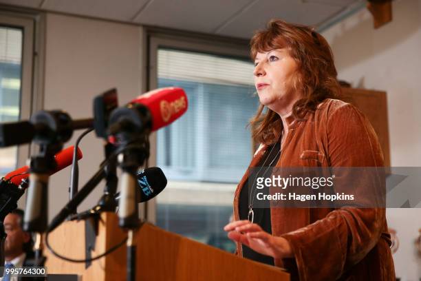Broadcasting, Communications and Digital Media Minister, Clare Curran speaks during a media conference at Radio New Zealand on July 11, 2018 in...